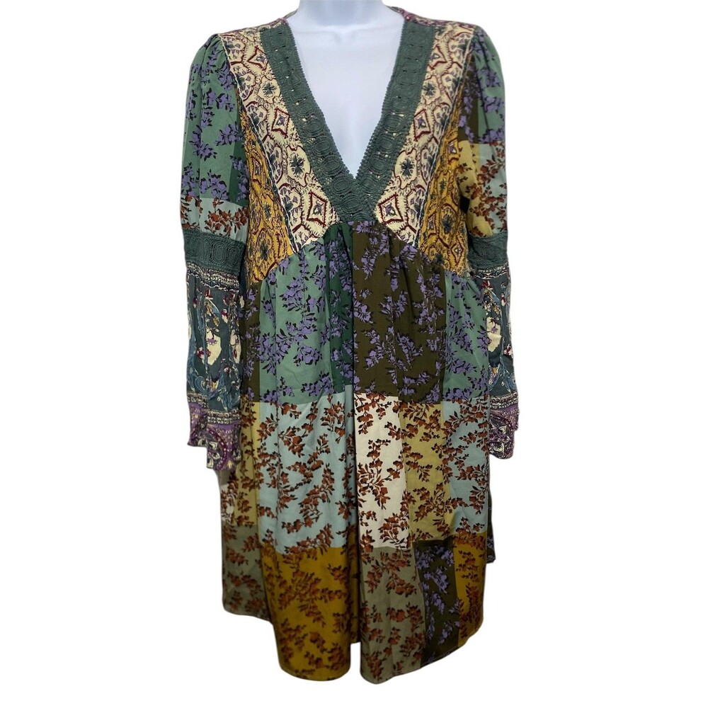 Davi & Dani Dress Womens Medium Patchwork Boho Floral V Neck Long Sleeve Pockets